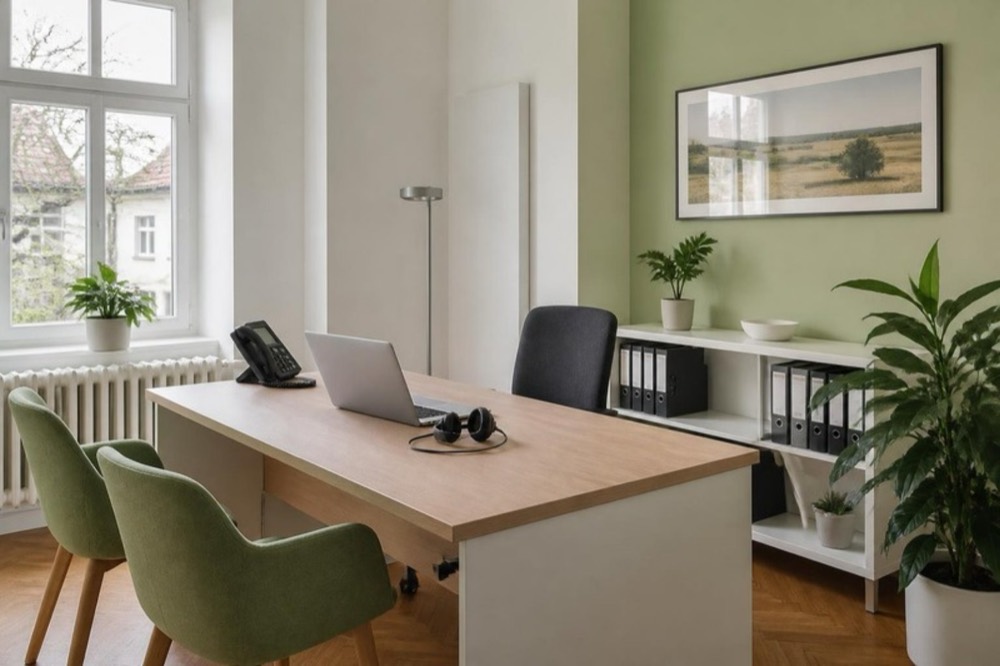 Helles Beratungsbüro mit Schreibtisch, Telefon und Headset